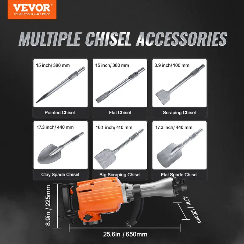 VEVOR Demolition Jack Hammer Concrete Breaker, Various specifications, Electric Hammer, Chisel Bits Professionals Aluminum